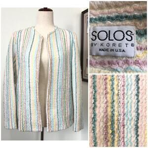 VTG Solos By Koret Pastel Stripe Jacket Open Front Textured Boucle USA 80s 90s M